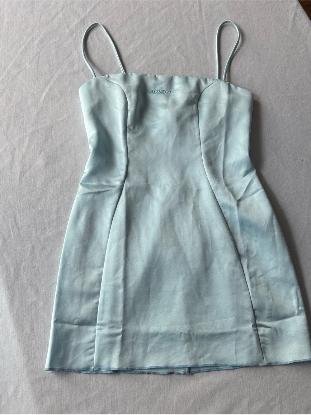 Guizio Light Blue Satin Mini Dress with Spaghetti Straps